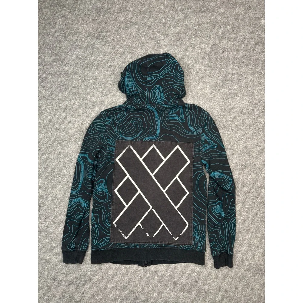 Mossimo Boys XL 16 Full Zip Hoodie Black Teal Topo Map Graphic Utility Pocket‎